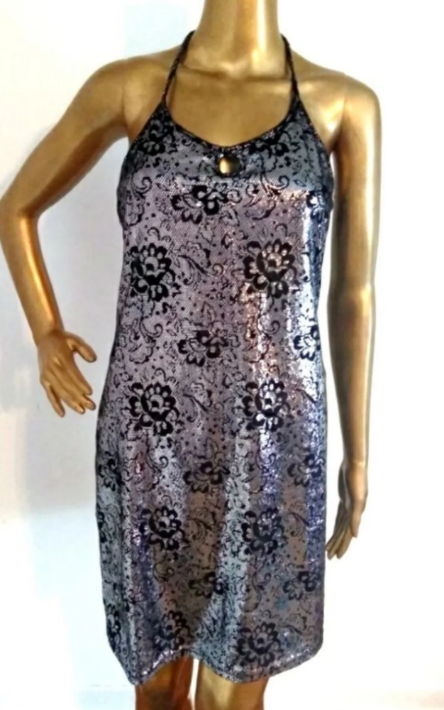 90s Vintage Metallic Flora Party Halter Dress